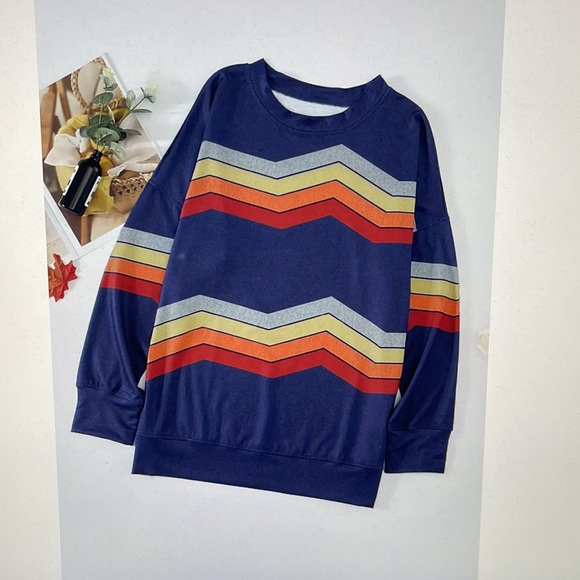 Retro Chevron Stripe Sweatshirt Top Blue Knit Size 2XL - Picture 4 of 5